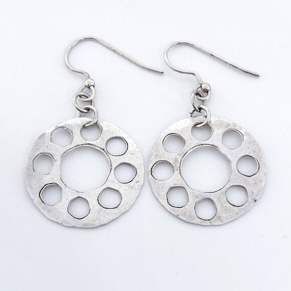 Vintage Sterling Silver 925 Hammered Openwork Dangle Earrings - Picture 5 of 7